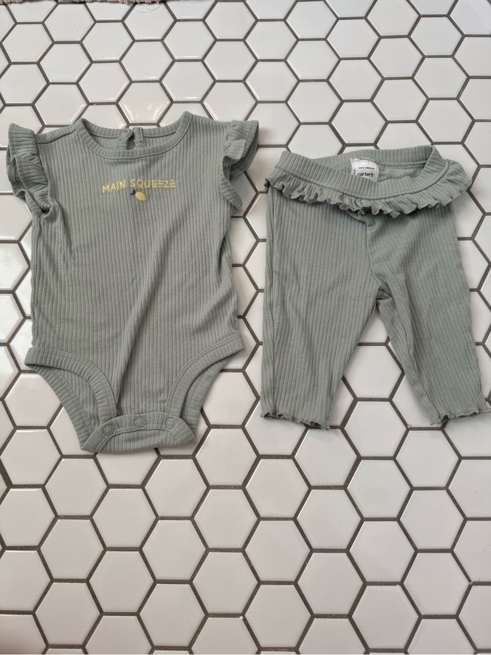 Like New Carter's Sage Ribbed Baby Bodysuit & Ruffle Pants Set